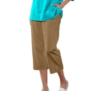 Timegard Capri Pants for Women Cotton Linen Straight Leg Elastic Waits Casual Loose Cropped Pants